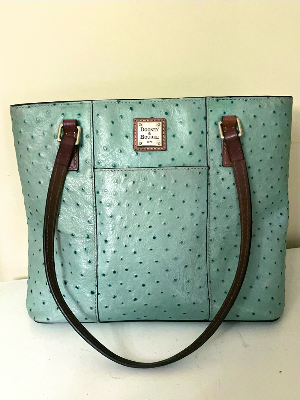 Dooney & Bourke Teal Ostrich Tote with Brown Leather Straps
